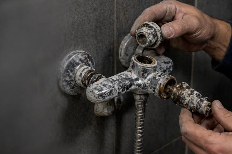 Technician taking apart a fitting covered in heavy limescale