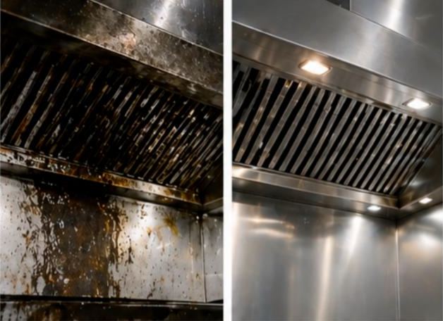 Commercial kitchen degreaser result: stainless steel hood with burnt grease before, and clean after No Grease