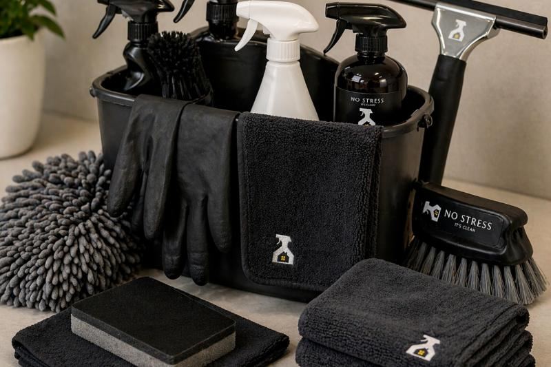 No Stress professional cleaning products, brush, gloves and microfibre towels