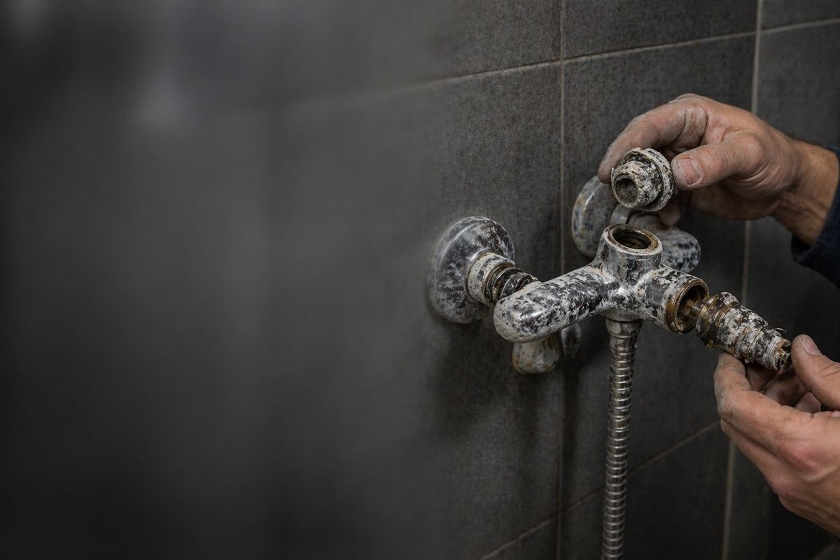 Heavy limescale on a fitting: the same scale builds up in coffee machine boilers and calls for a professional descaler