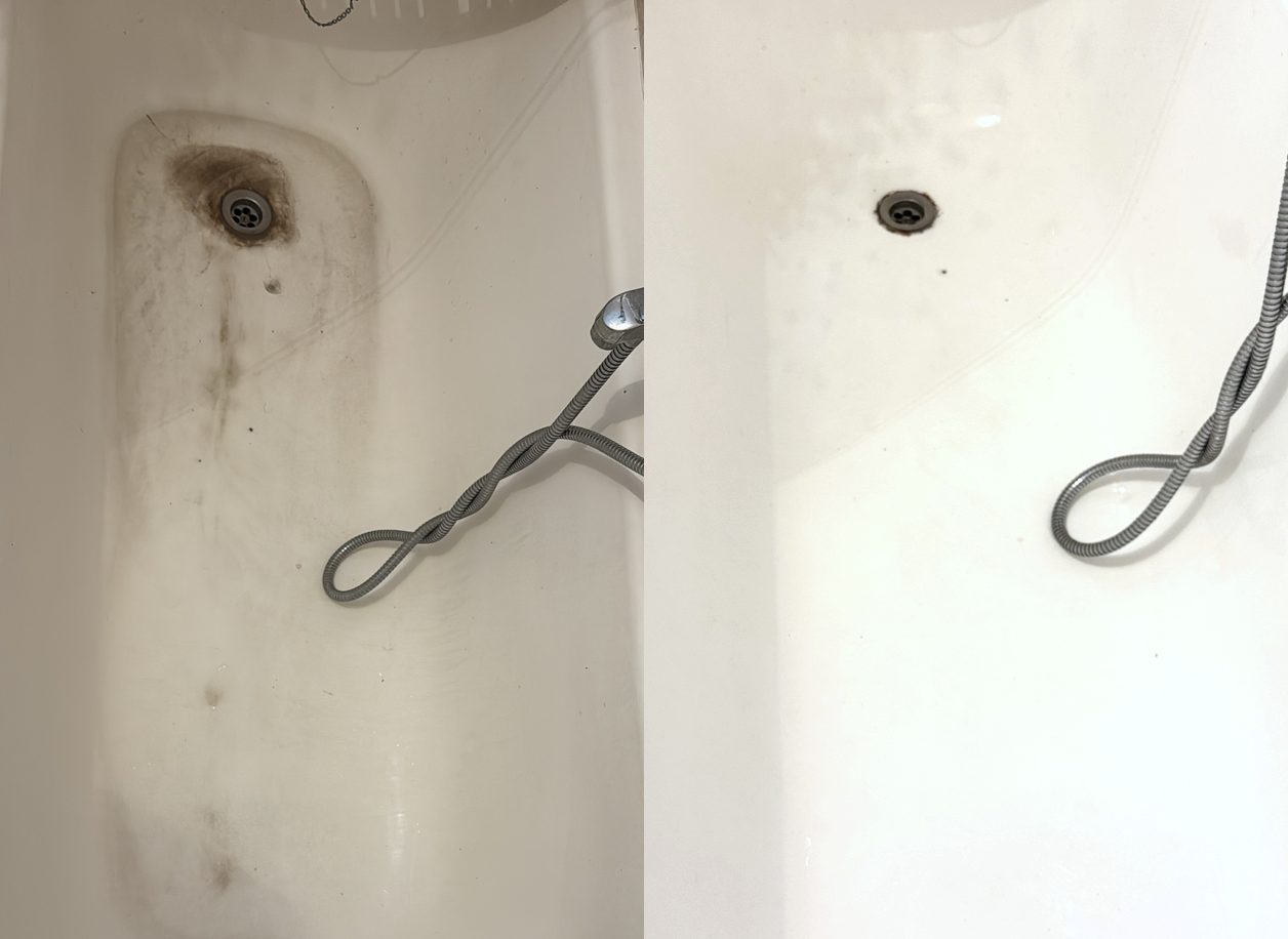 Limescale and rust stain remover result: bathtub drain area with brown mineral stains before, and clean after No Stone