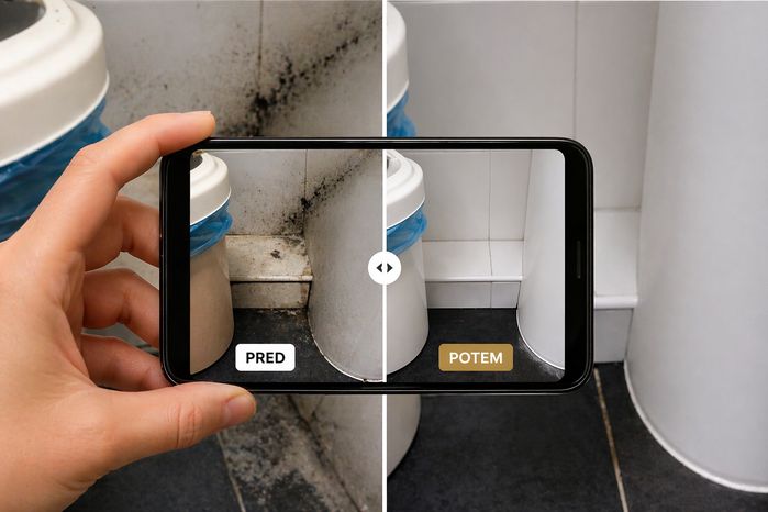 Black mould and biofilm before and after cleaning with No Foul biofilm remover