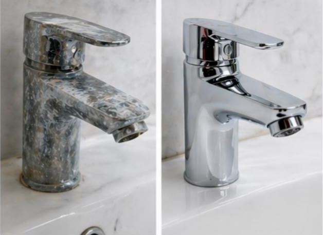 Limescale remover result: tap covered in limescale before, and the same tap clean after No Stone